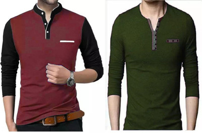 PSDESIGN Colorblock, Solid Men Mandarin Collar Maroon, Dark Green T-Shirt