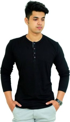 FARICON Solid Men Henley Neck Black T-Shirt