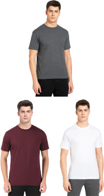 JOCKEY Solid Men Round Neck Grey, White, Maroon T-Shirt