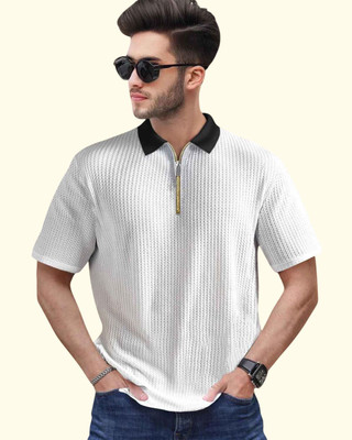 TELOXY Self Design Men Zip Neck White T-Shirt