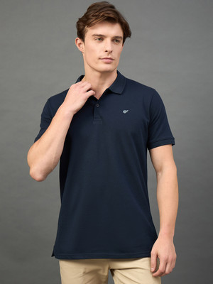 Club York Solid Men Polo Neck Navy Blue T-Shirt