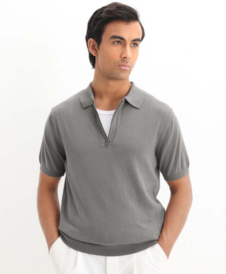 RARE RABBIT Solid Men Polo Neck Grey T-Shirt