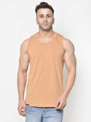 SLOWLORIS Solid Men Round Neck Beige T-Shirt