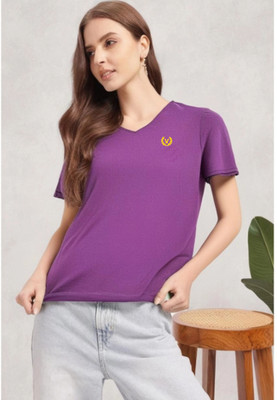 MACK JONNEY Solid Women V Neck Purple T-Shirt