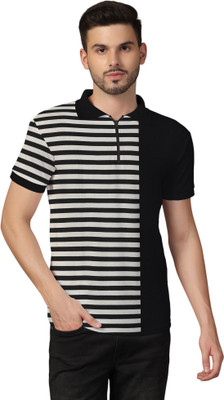 tfurnish Striped Men Polo Neck Black T-Shirt