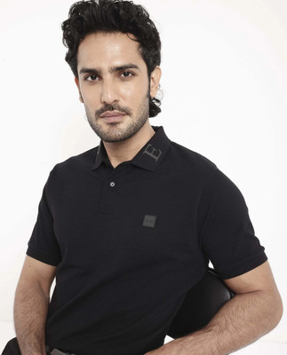 RARE RABBIT Solid Men Polo Neck Black T-Shirt