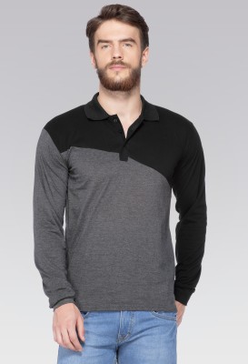 V3Squared Self Design Men Polo Neck Black, Grey T-Shirt