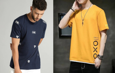 Axxitude Printed Men Round Neck Dark Blue, Yellow T-Shirt