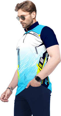 dhaari by unique creation Printed Men Mandarin Collar Blue T-Shirt