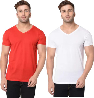 RLP Solid Men V Neck Red, White T-Shirt