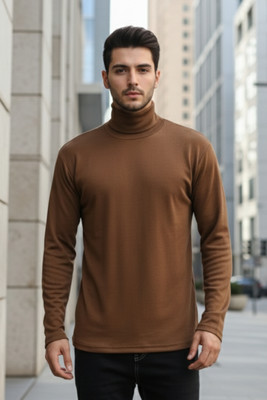 CHKOKKO Solid Men Turtle Neck Brown T-Shirt