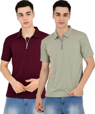 KEOTI Self Design Men Polo Neck Maroon, Grey T-Shirt