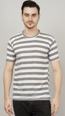 SQS Striped Men Round Neck Grey, White T-Shirt