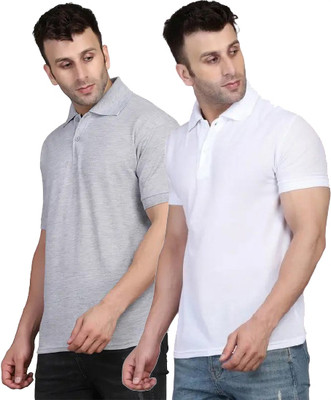 YUALIN CREATION Solid Men Polo Neck Grey, White T-Shirt