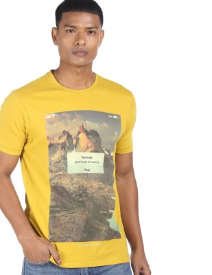 FLYING MACHINE Printed, Typography Men Round Neck Yellow T-Shirt