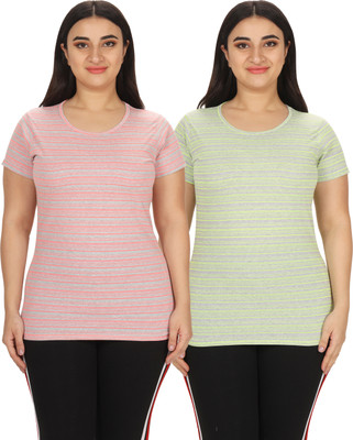 YUALIN CREATION Striped Women Round Neck Multicolor T-Shirt