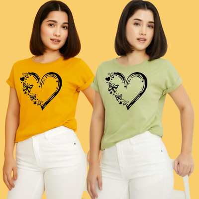 Kintu Parantu Printed Women Round Neck Yellow, Green T-Shirt