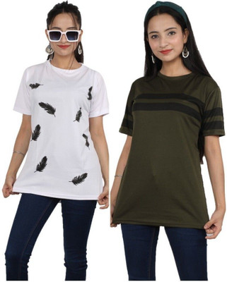 Oishee Printed Women Round Neck Dark Green, White T-Shirt