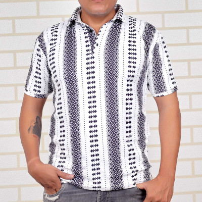 Style Connect Printed, Geometric Print, Striped Men Polo Neck White, Black T-Shirt