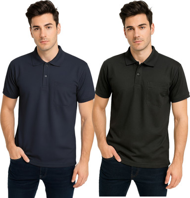 tshirt Solid Men Polo Neck Navy Blue, Black T-Shirt