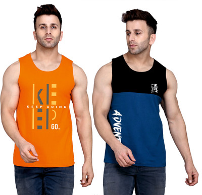 SLOWLORIS Printed Men Round Neck Orange, Black, Dark Blue T-Shirt