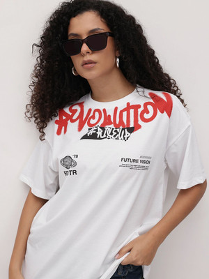 Roadster Printed Women Round Neck White T-Shirt