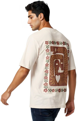 Glitchez Printed Men Round Neck Beige T-Shirt