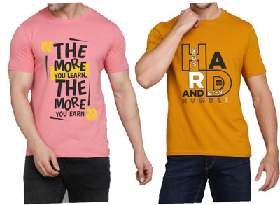 WOOSTRO Printed Men Round Neck Pink, Brown T-Shirt