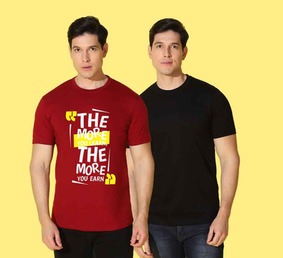 WOOSTRO Printed Men Round Neck Black, Maroon T-Shirt