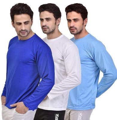 AMSHA Solid Men Round Neck Light Blue, White, Blue T-Shirt