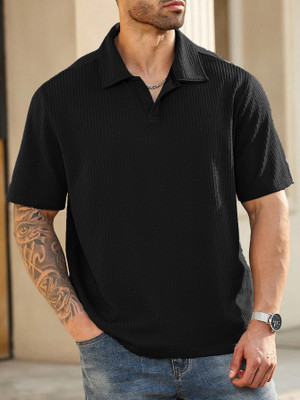 Zilcon Self Design Men Stylised Neck Black T-Shirt