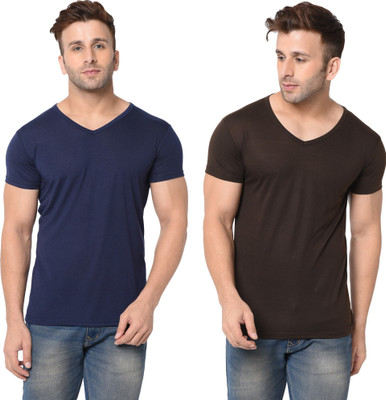 JB Jangoboy Solid Men V Neck Dark Blue, Brown T-Shirt