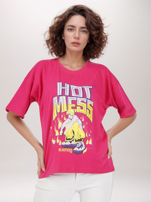 BlueFicus Printed Women Round Neck Pink T-Shirt