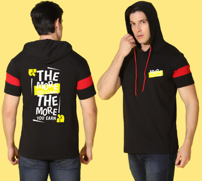 WOOSTRO Printed Men Hooded Neck Black T-Shirt