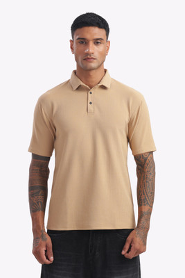 AttireWorth Solid Men Polo Neck Beige T-Shirt