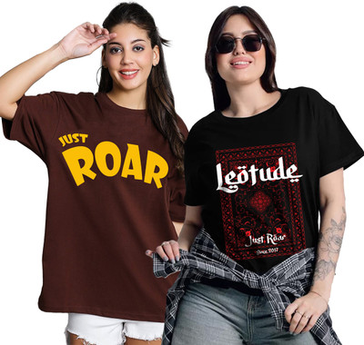 Leotude Printed Women Round Neck Brown, Black T-Shirt