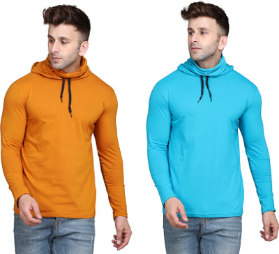 BEYOU FASHION Solid Men Hooded Neck Light Blue, Gold T-Shirt