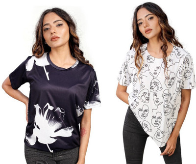 Apachee Printed Women Round Neck Multicolor T-Shirt