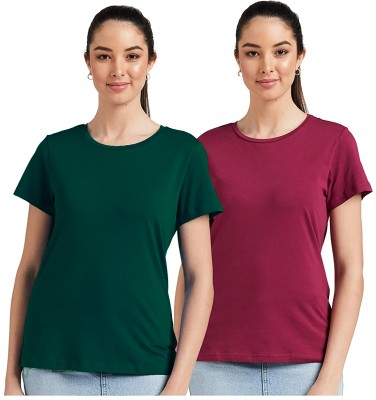 Patche Solid Women Round Neck Black, Red T-Shirt