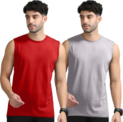 Adorbs Solid Men Round Neck Red, Grey T-Shirt