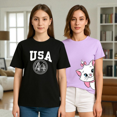 Elvia Printed Women Round Neck Purple, Black T-Shirt