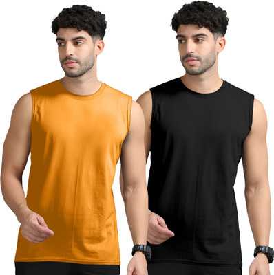 JB Jangoboy Solid Men Round Neck Orange, Black T-Shirt