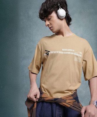 Roadster Printed Men Round Neck Beige T-Shirt
