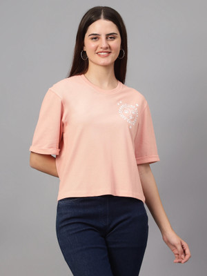 CANTABIL Printed Women Round Neck Pink T-Shirt