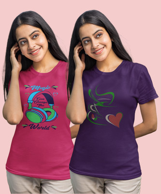 JILZ Printed Women Round Neck Pink, Purple T-Shirt