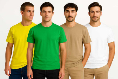 BAP STORE Solid Men Round Neck Green, White, Yellow, Beige T-Shirt
