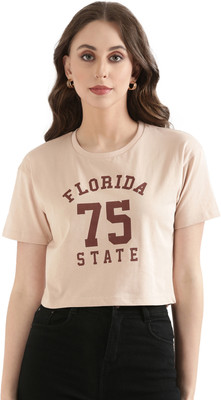 Snap and Spark Printed Women Round Neck Beige T-Shirt