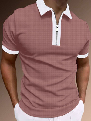 HPD Solid Men Zip Neck Pink T-Shirt