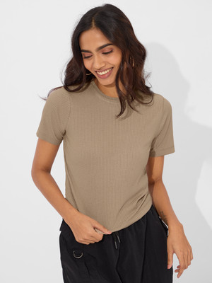 The Souled Store Solid Women Round Neck Brown T-Shirt