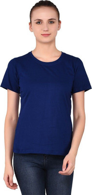GEUM Solid Women Round Neck Blue T-Shirt